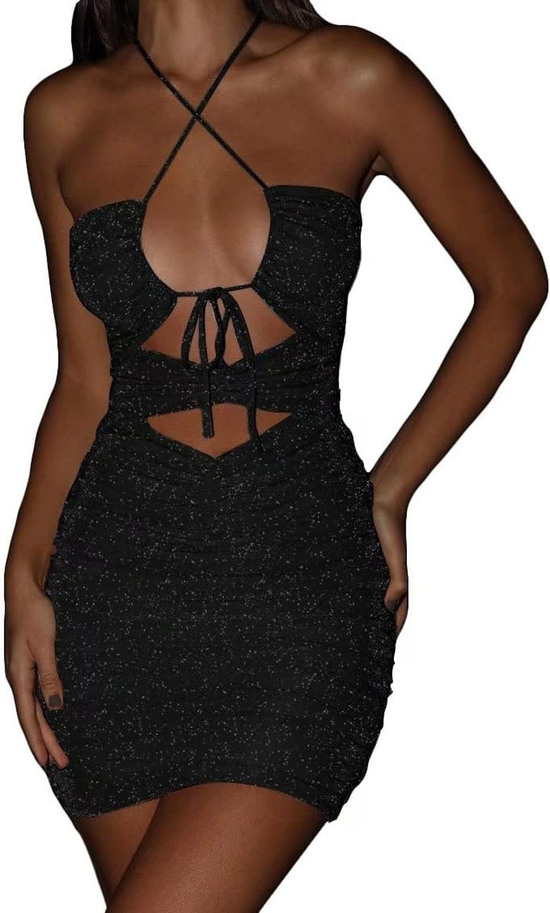Women Sexy Sparkly Cutout Criss Cross Halter Mini Dress Sleeveless Ruched Bodycon Glitter Party Club Dress Black S