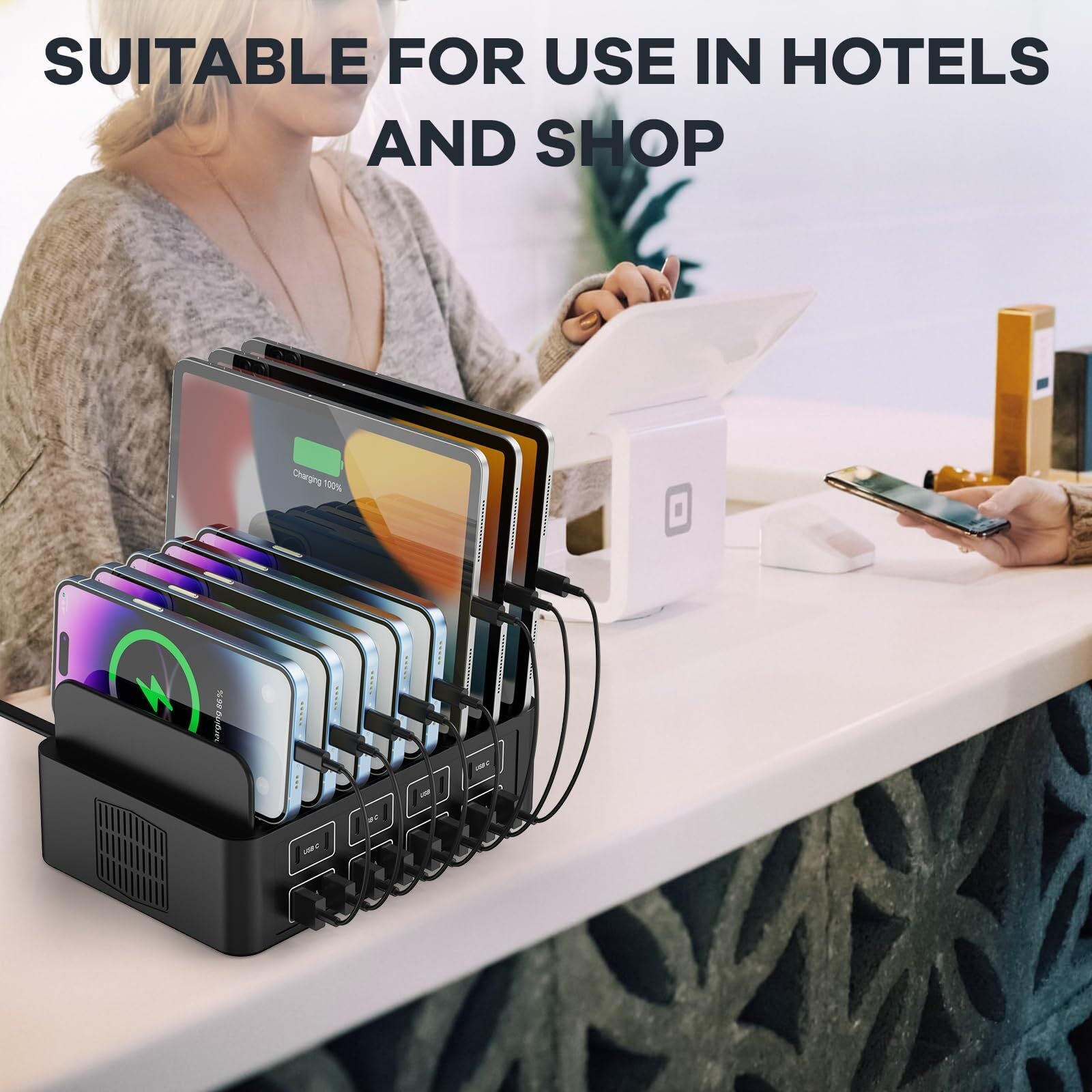 150W/35A Charging Station for Multiple Devices, 16 Port USB C Fast Charging S...
