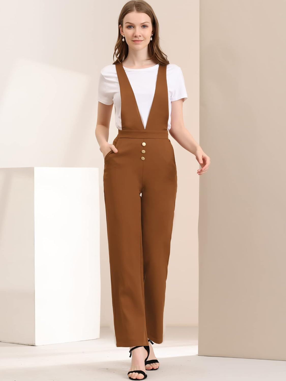Women'S Overalls Wide Leg Pants Slant Pocket Long Suspenders Jumpsuit
