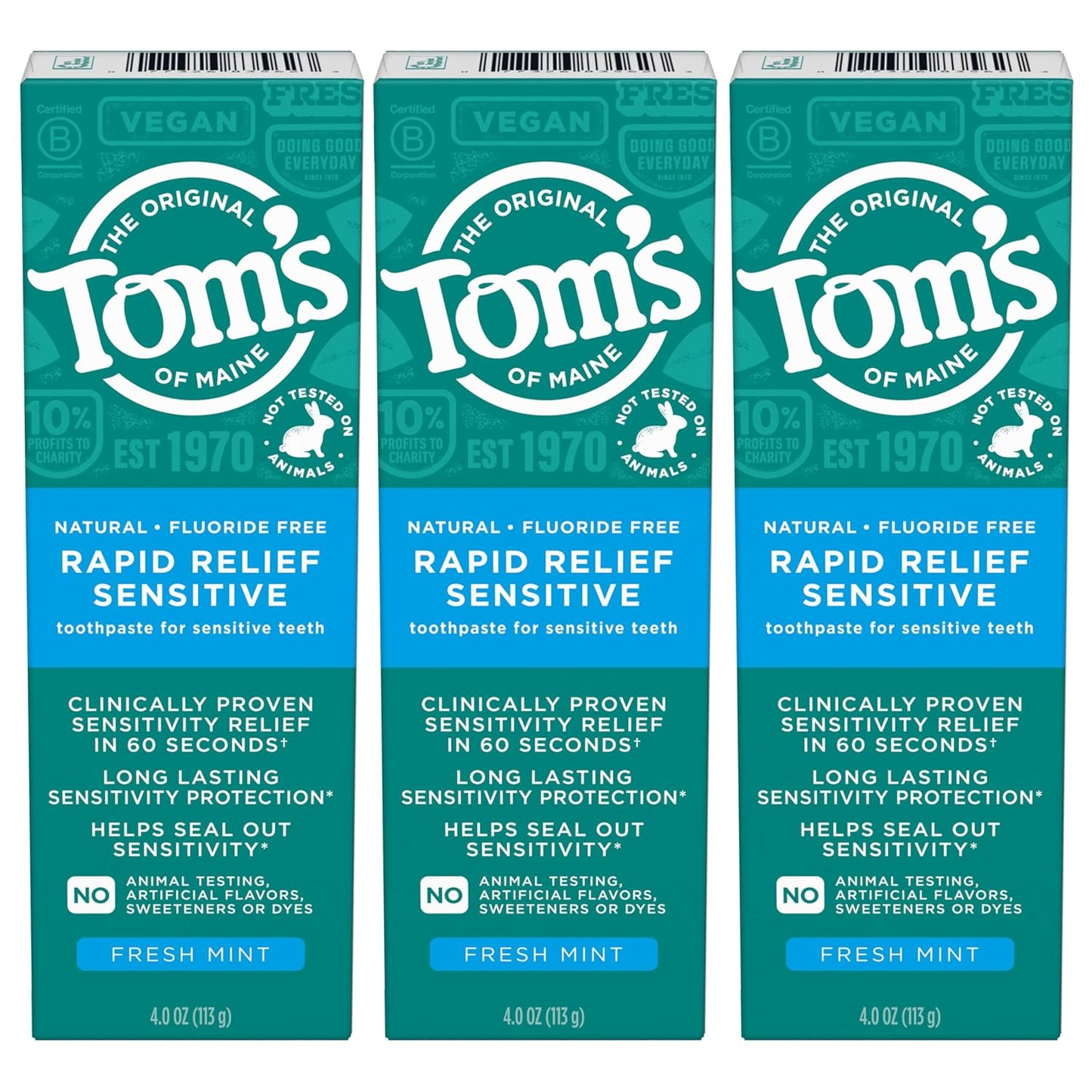 Fluoride-Free Rapid Relief Sensitive Toothpaste, Fresh Mint, 4 oz, Pack of 3 (Packaging May Vary)