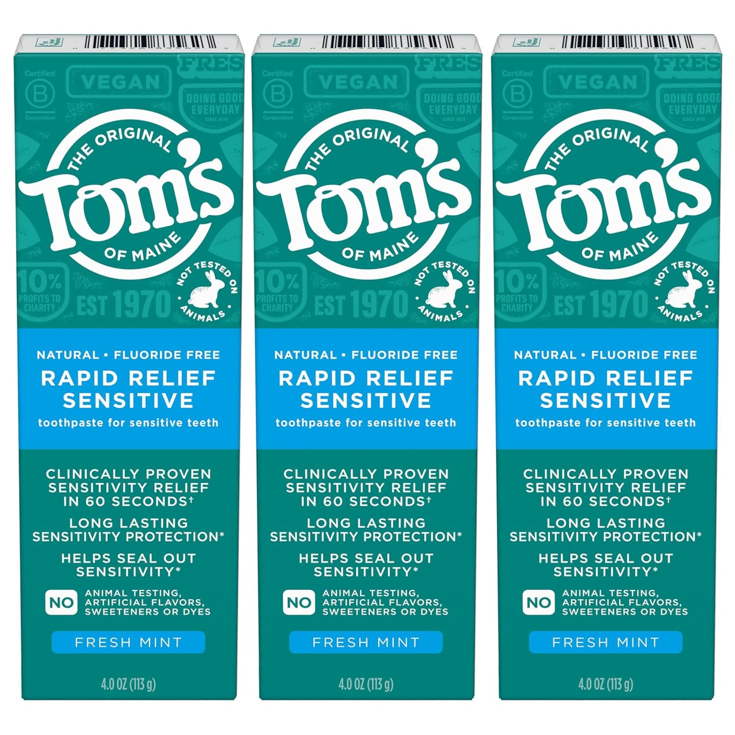 Fluoride-Free Rapid Relief Sensitive Toothpaste, Fresh Mint, 4 oz, Pack of 3 (Packaging May Vary)