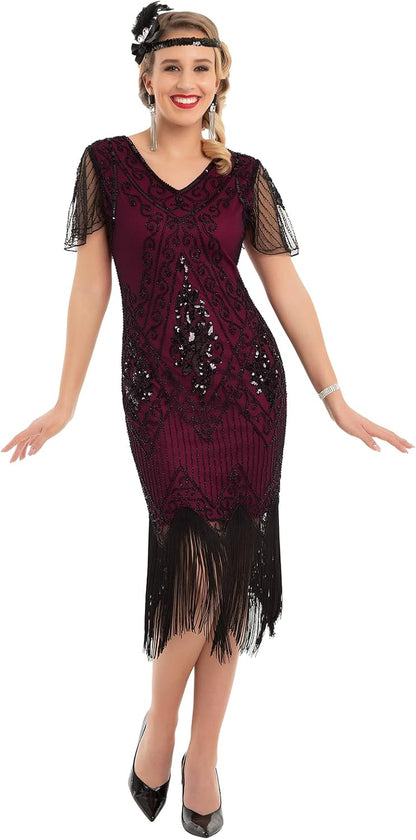 Women's 1920s Sequin Art Deco Flapper Dress with Sleeves
