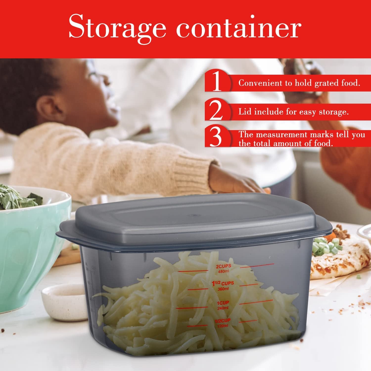 Professional Stainless Steel Box Grater with Handle - 4-Sided Vegetable Shredder and Slicer with Container for Parmesan, Cabbage, Ginger, Lemon, Chocolate, and Coconut (Black)