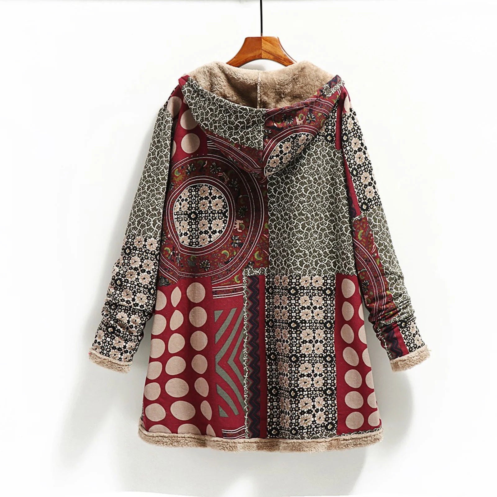Cozy Vintage Ethnic Printed Fleece Jacket for Women - Warm Hooded Outwear with Pockets & Buttons in Wine - Plus Size XXXL