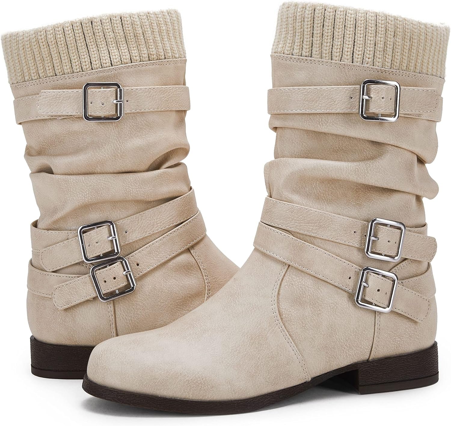 Womens Winter Mid Calf Slouchy Low Chunky Block Heel Faux Leather Buckle Strap Snow Booties