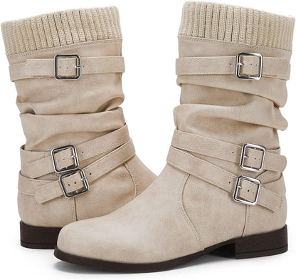 Womens Winter Mid Calf Slouchy Low Chunky Block Heel Faux Leather Buckle Strap Snow Booties
