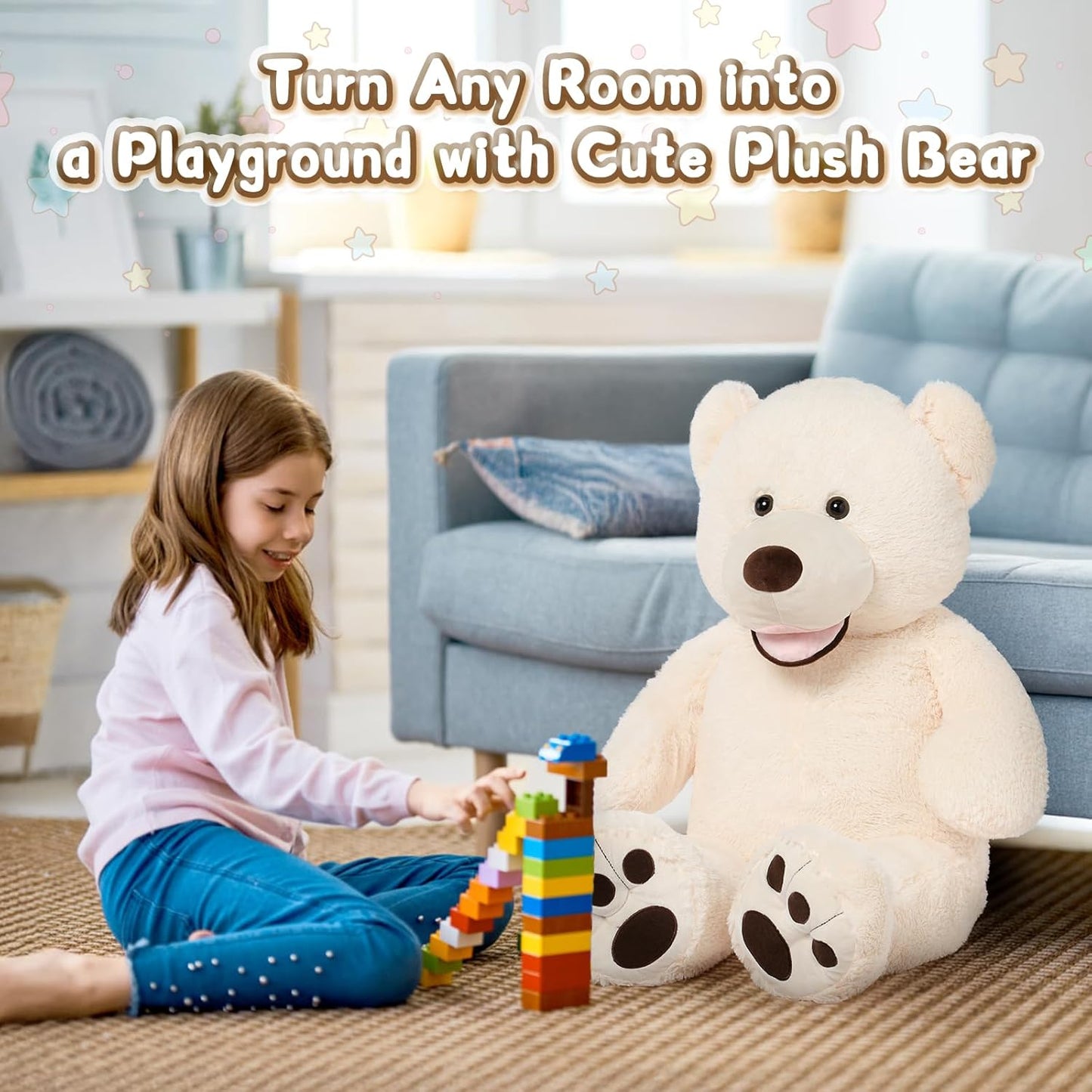 39-Inch Giant Teddy Bear - Plush Stuffed Animal with Large Footprints, Ideal Gift for Kids, Beige