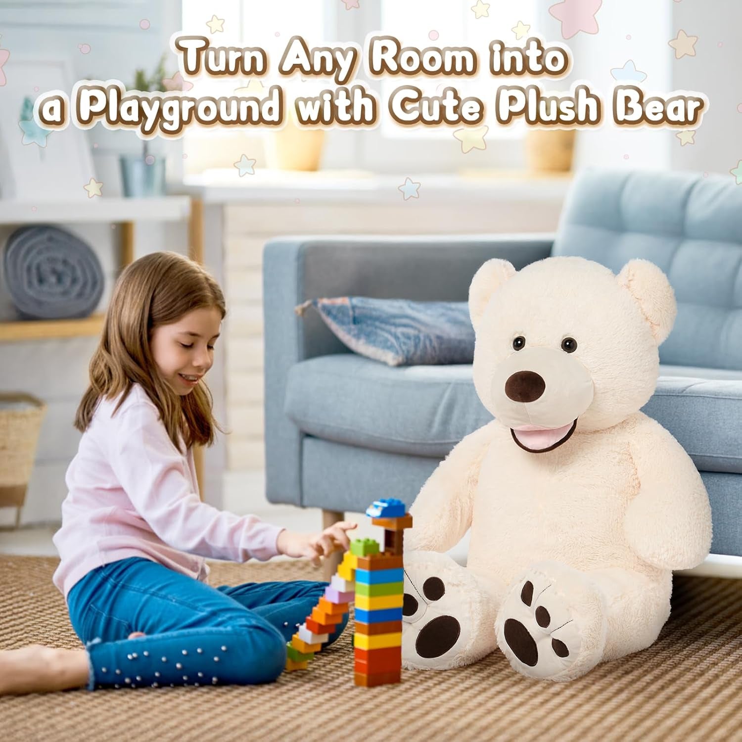 39-Inch Giant Teddy Bear - Plush Stuffed Animal with Large Footprints, Ideal Gift for Kids, Beige