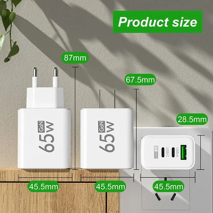 65W GaN Fast Charger - Multi-Port USB PD Type-C Adapter for iPhone 15 Pro Max, Samsung, Xiaomi, and Huawei
