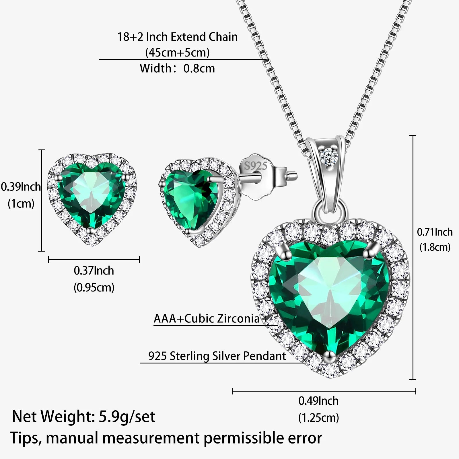 Elegant May Birthstone Jewelry Set for Women - Emerald Heart Necklace & Earrings in 925 Sterling Silver - Perfect Birthday & Mother's Day Gift