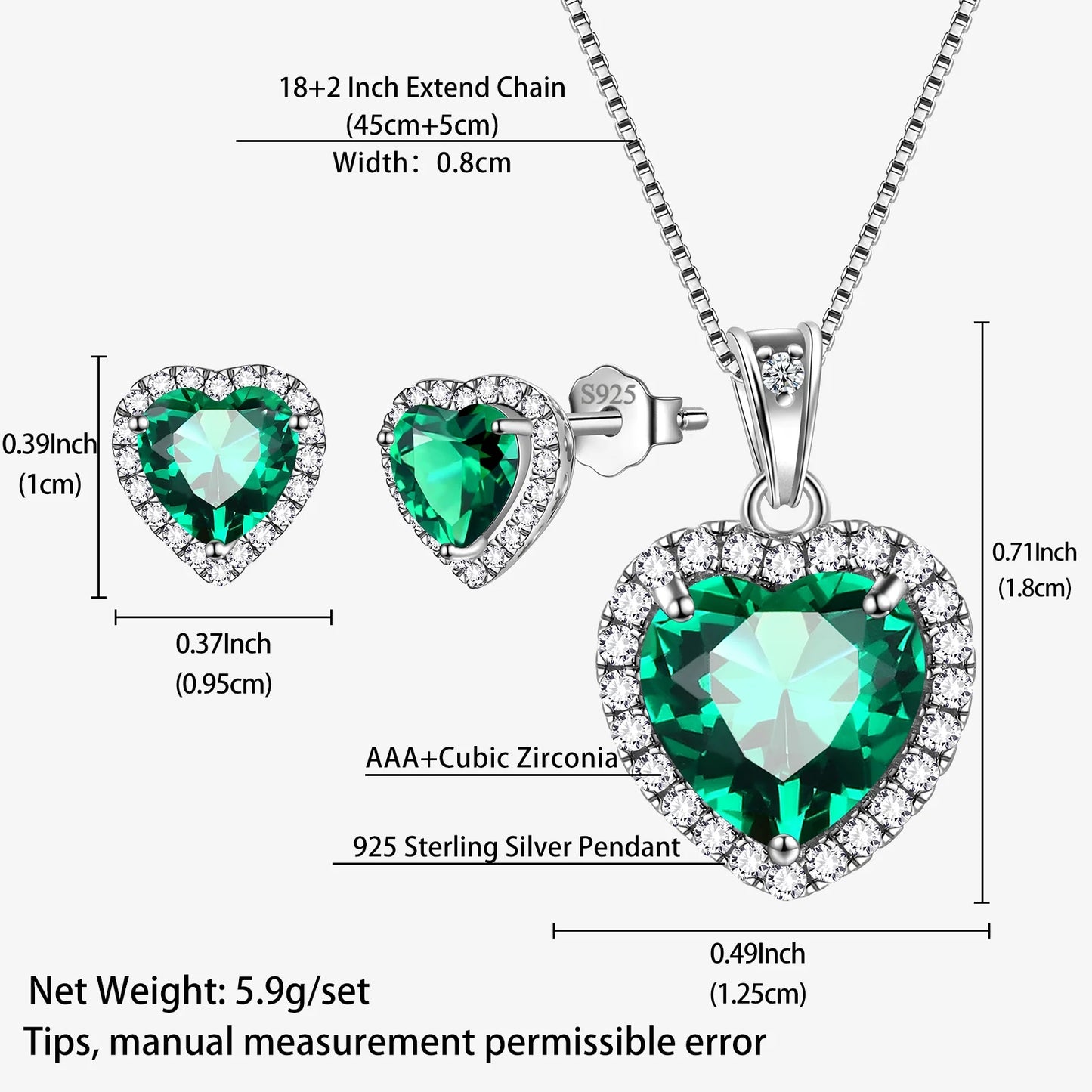 Elegant May Birthstone Jewelry Set for Women - Emerald Heart Necklace & Earrings in 925 Sterling Silver - Perfect Birthday & Mother's Day Gift