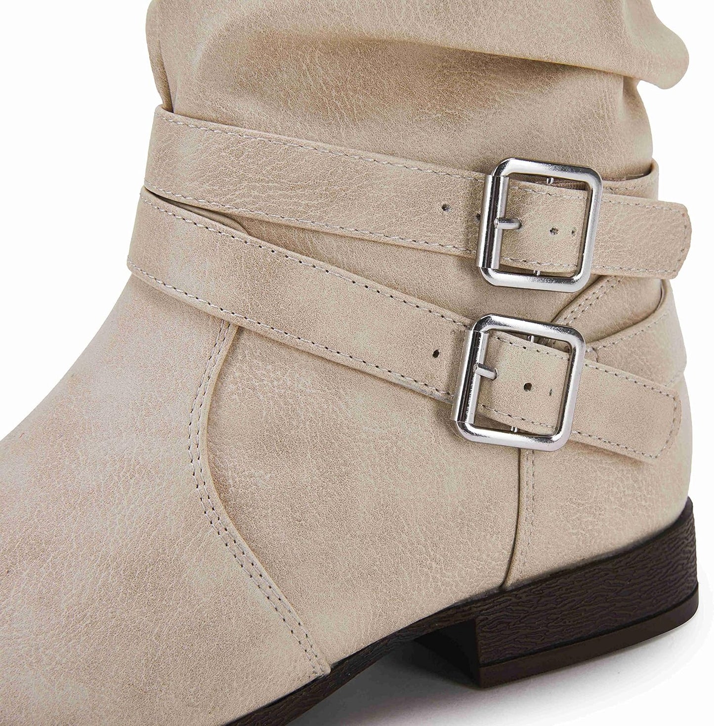 Womens Winter Mid Calf Slouchy Low Chunky Block Heel Faux Leather Buckle Strap Snow Booties