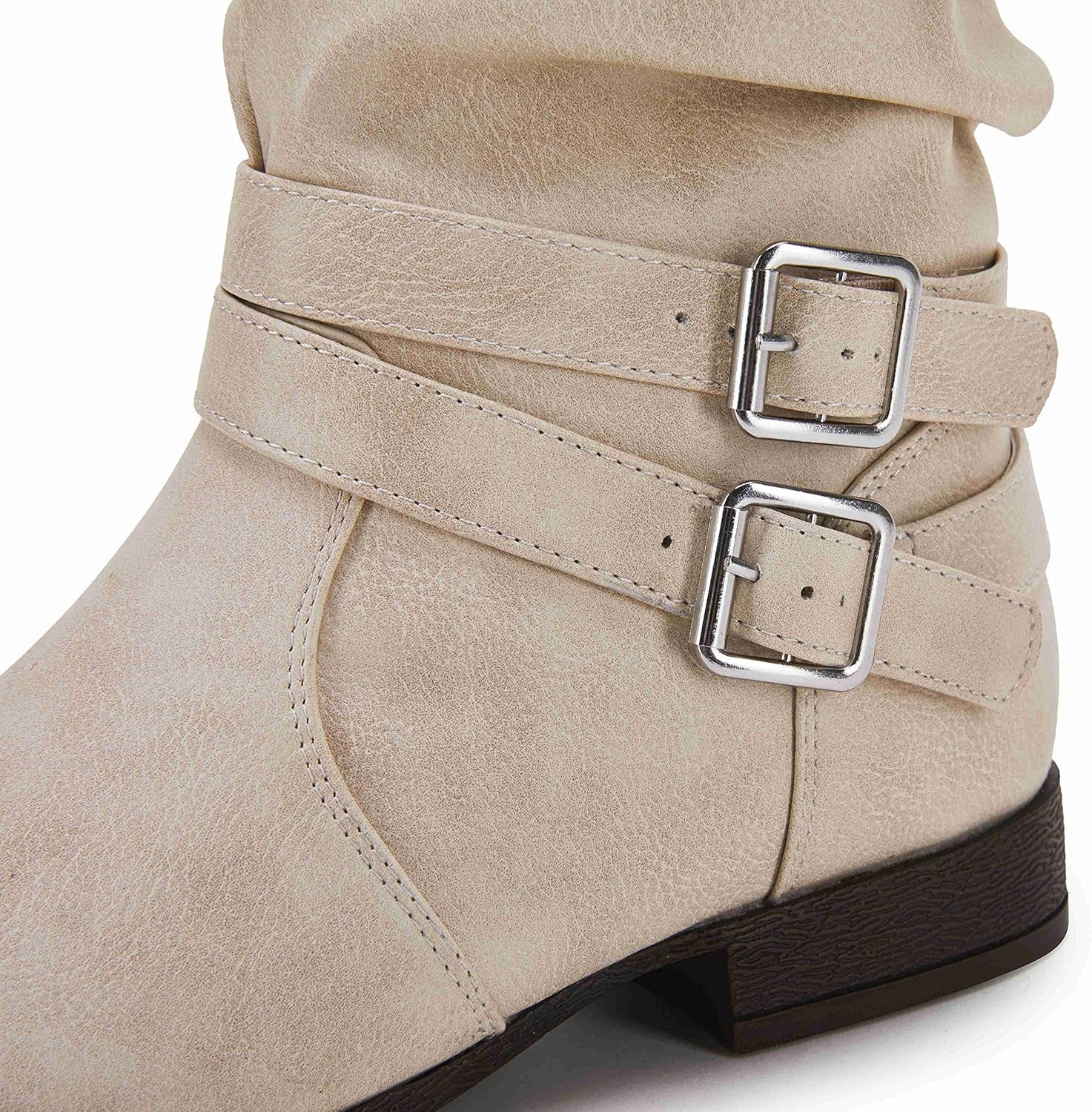 Womens Winter Mid Calf Slouchy Low Chunky Block Heel Faux Leather Buckle Strap Snow Booties
