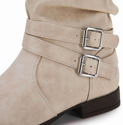 Womens Winter Mid Calf Slouchy Low Chunky Block Heel Faux Leather Buckle Strap Snow Booties