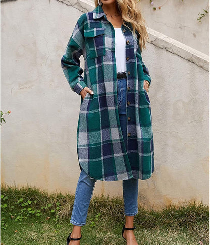 Women's Casual Wool Blend Plaid Button-Down Shirt Jacket with Pockets