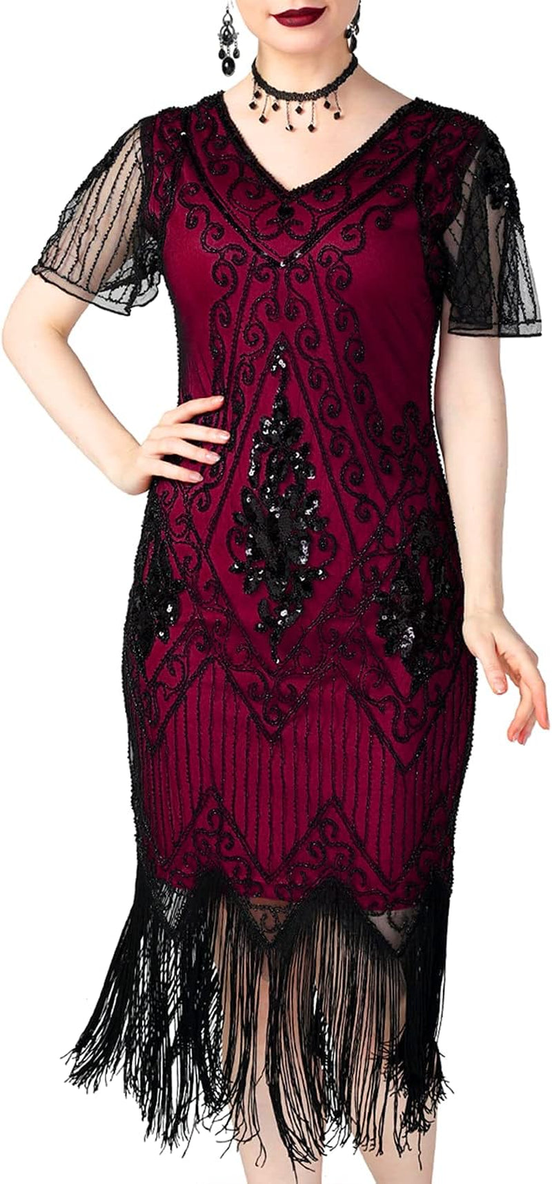 Women's 1920s Sequin Art Deco Flapper Dress with Sleeves