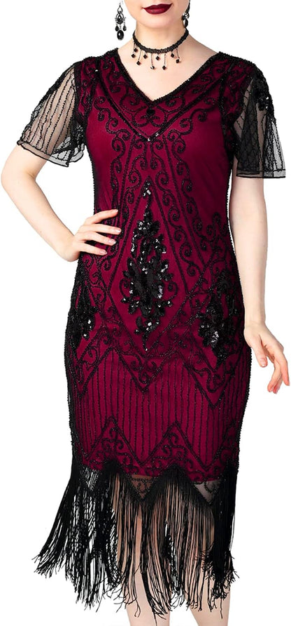 Women's 1920s Sequin Art Deco Flapper Dress with Sleeves