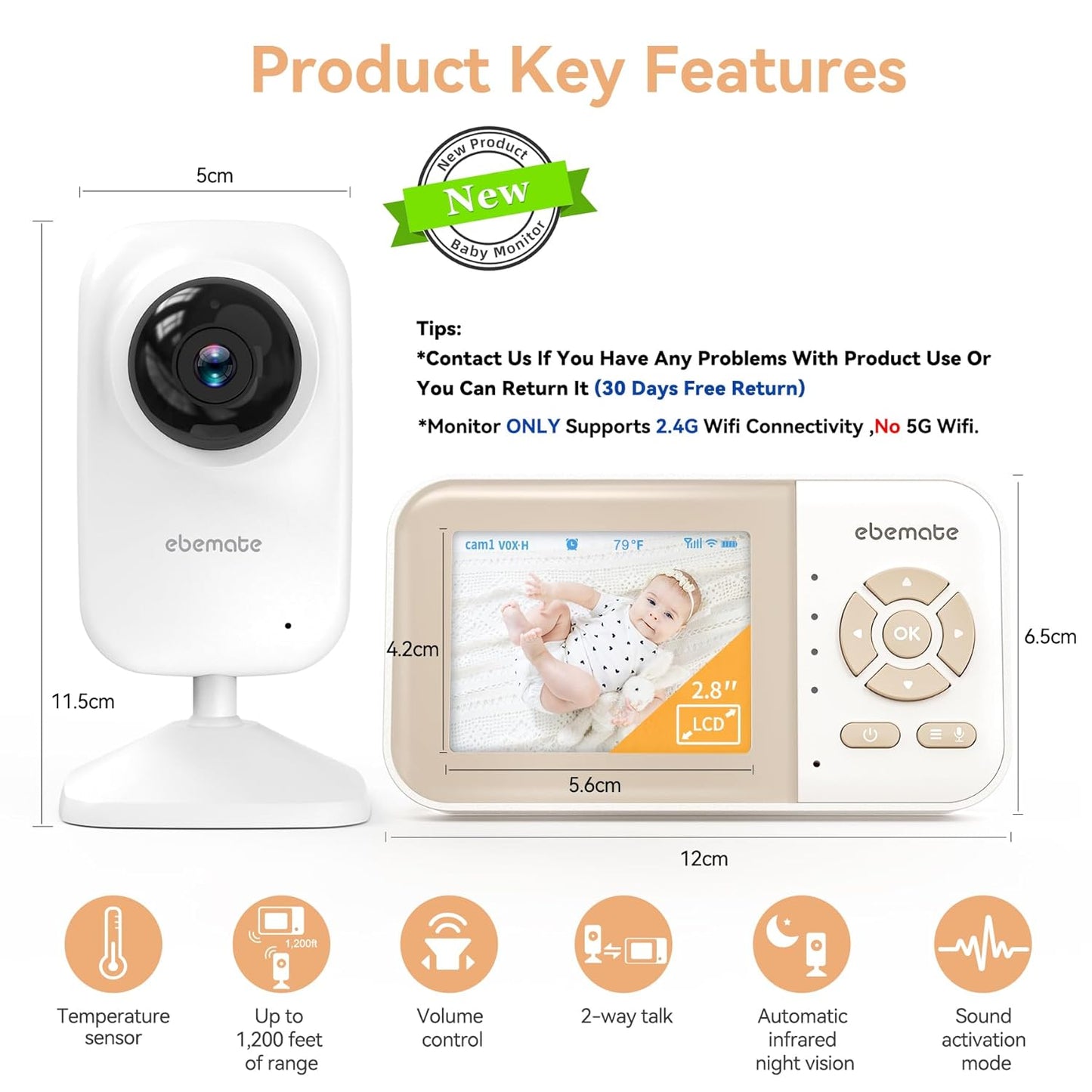 EBE28 Video Baby Monitor with 2.8" LCD Screen, Night Vision, Two-Way Audio, and 1200FT Range