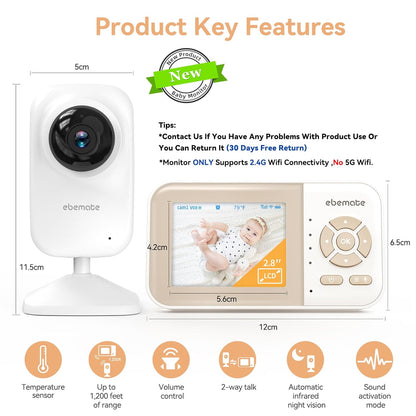 EBE28 Video Baby Monitor with 2.8" LCD Screen, Night Vision, Two-Way Audio, and 1200FT Range