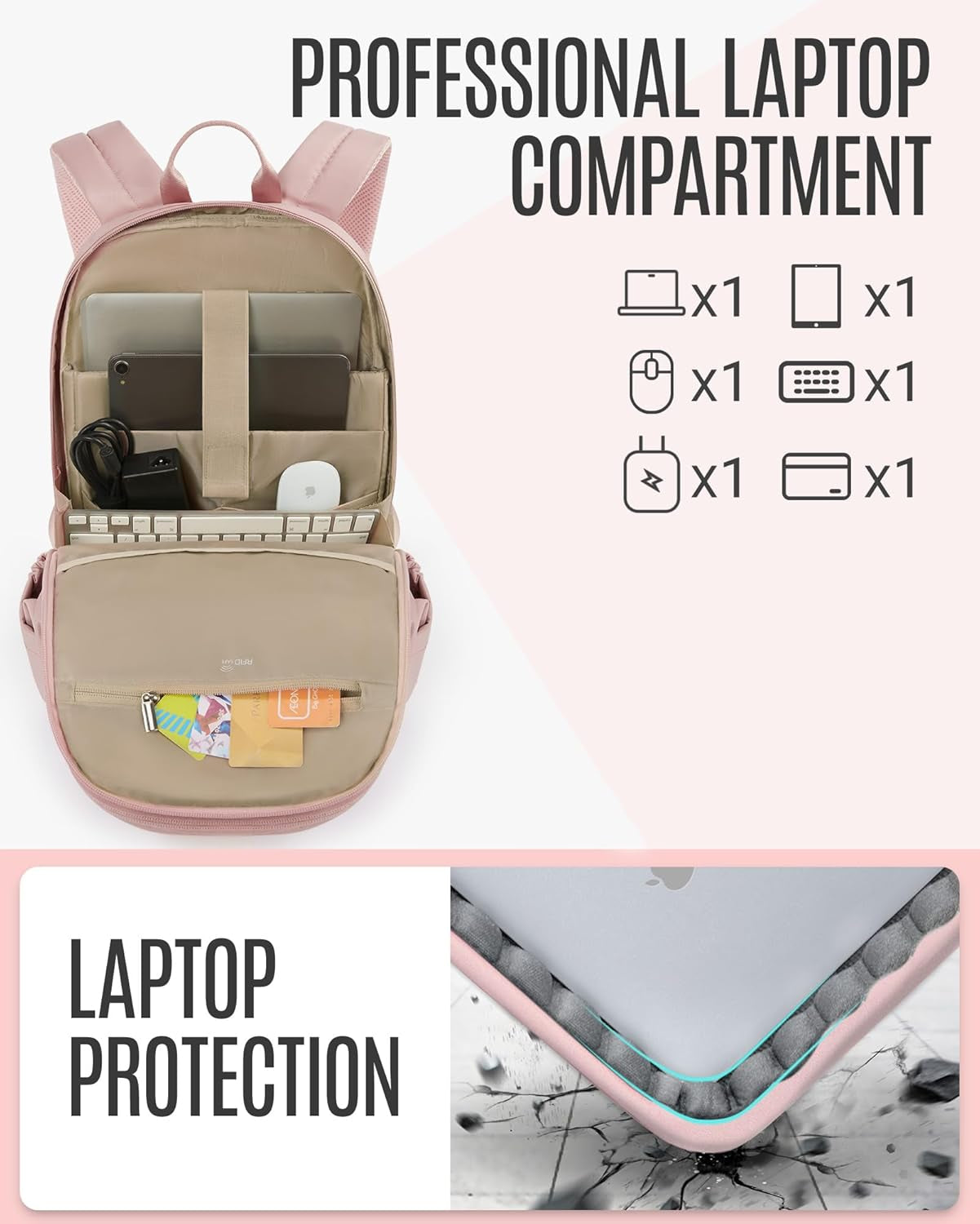 Women's College Laptop Backpack - 15.6 Inch Travel Computer Bag for Work and School - Casual Pink Bookbag - Ideal Gift for Women