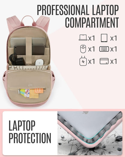 Women's College Laptop Backpack - 15.6 Inch Travel Computer Bag for Work and School - Casual Pink Bookbag - Ideal Gift for Women