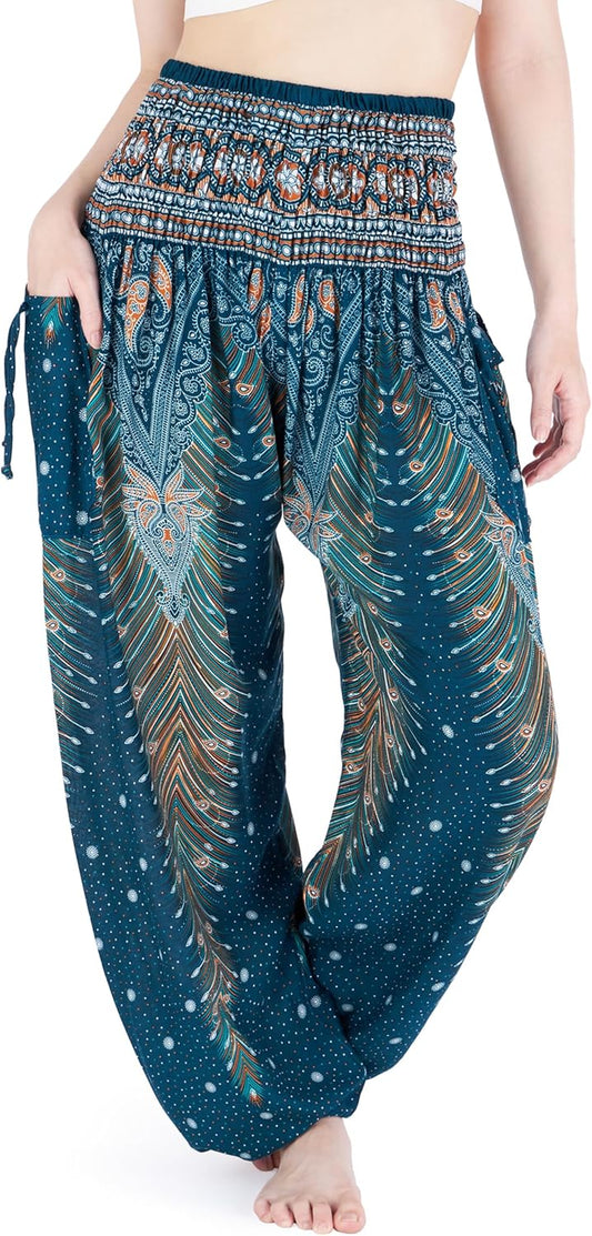 Women's Bohemian Flowing Harem Pants with Smocked Waist for Yoga and Casual Wear