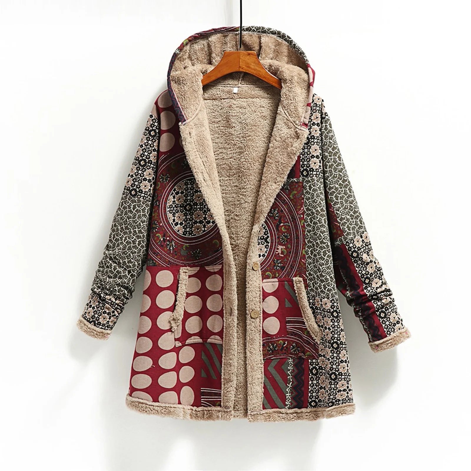 Cozy Vintage Ethnic Printed Fleece Jacket for Women - Warm Hooded Outwear with Pockets & Buttons in Wine - Plus Size XXXL
