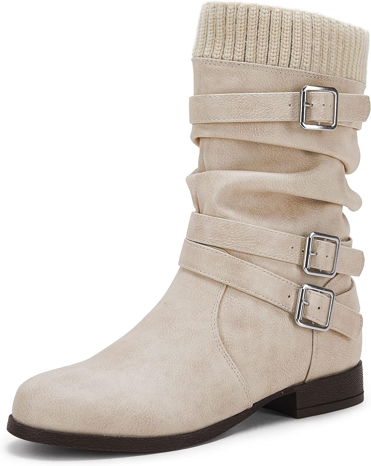 Womens Winter Mid Calf Slouchy Low Chunky Block Heel Faux Leather Buckle Strap Snow Booties
