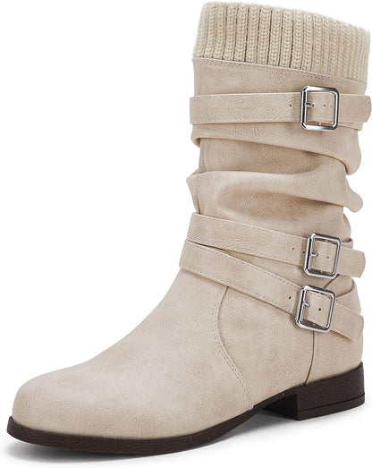Womens Winter Mid Calf Slouchy Low Chunky Block Heel Faux Leather Buckle Strap Snow Booties