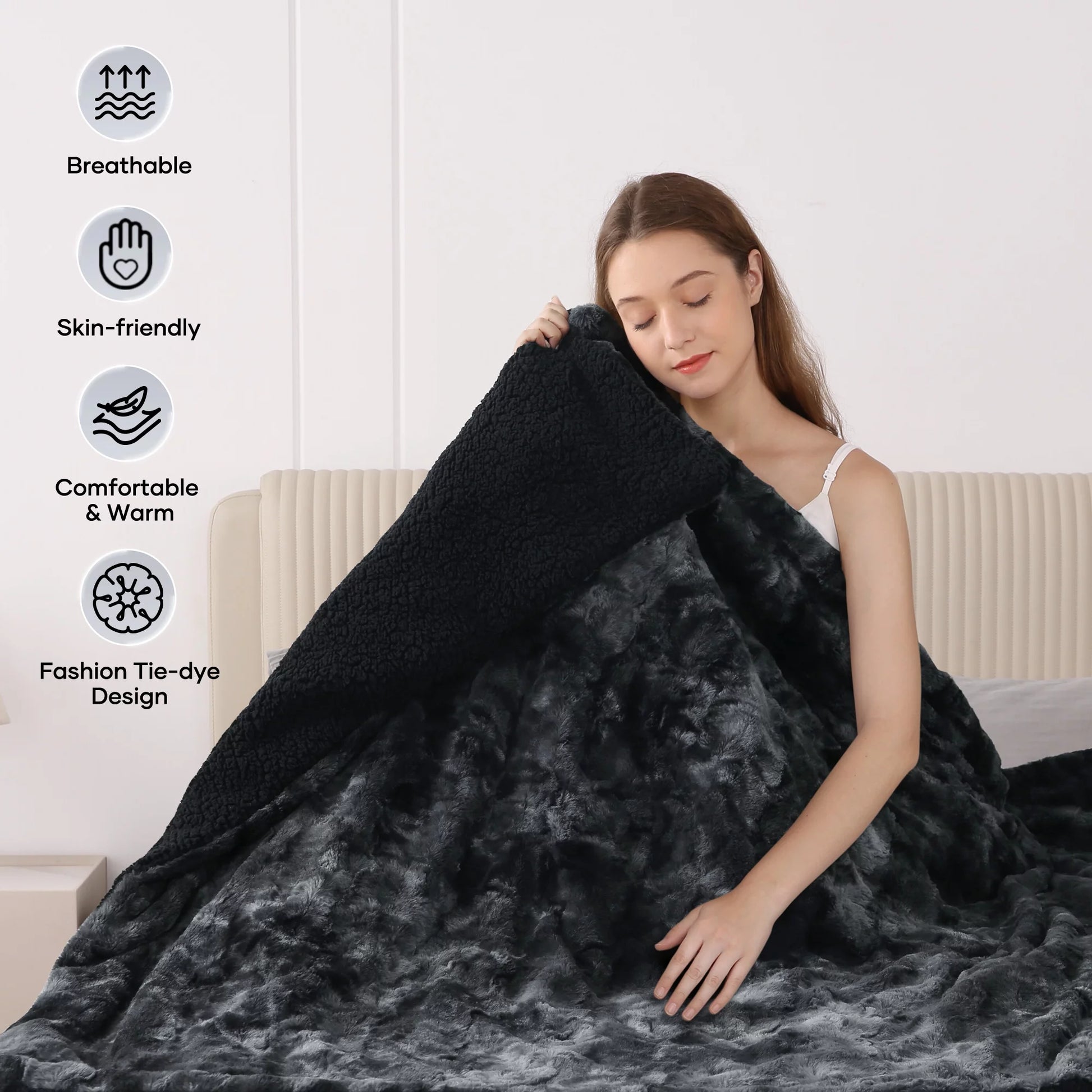 Heated Faux Fur Throw Blanket - 50" x 60", Soft Tie-Dye Black, 6 Heat Levels, Large LED Display, 4-Hour Timer