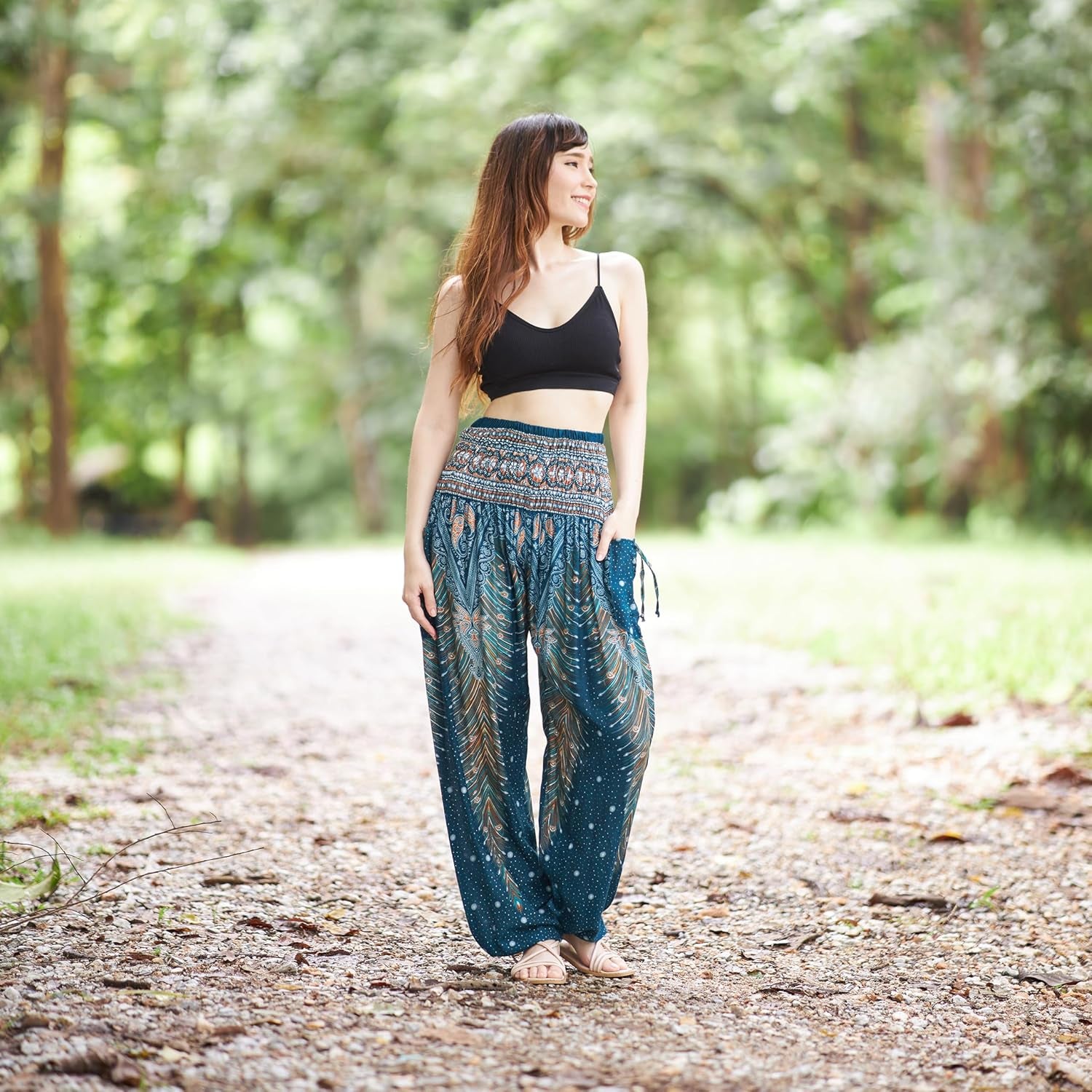 Women's Bohemian Flowing Harem Pants with Smocked Waist for Yoga and Casual Wear