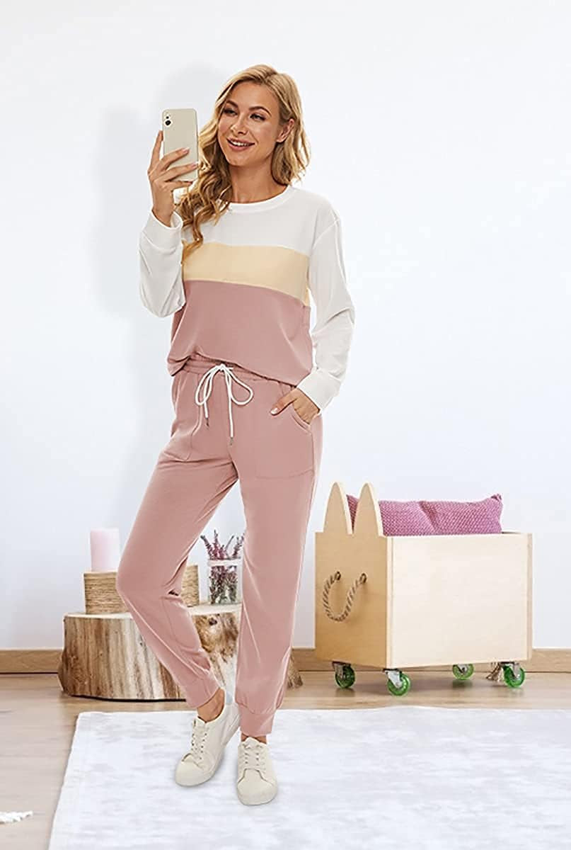 Two Piece Outfits for Women,Long Sleeve Crewneck Pullover Tops and Pants Sweatsuits Lounge Set with Pockets