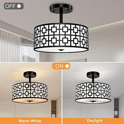 DLLT Modern 3-Light Semi-Flush Mount Ceiling Light Fixture - Drum Style Lighting for Dining Room and Kitchen - Black Double Shade Ceiling Lamp for Bedroom