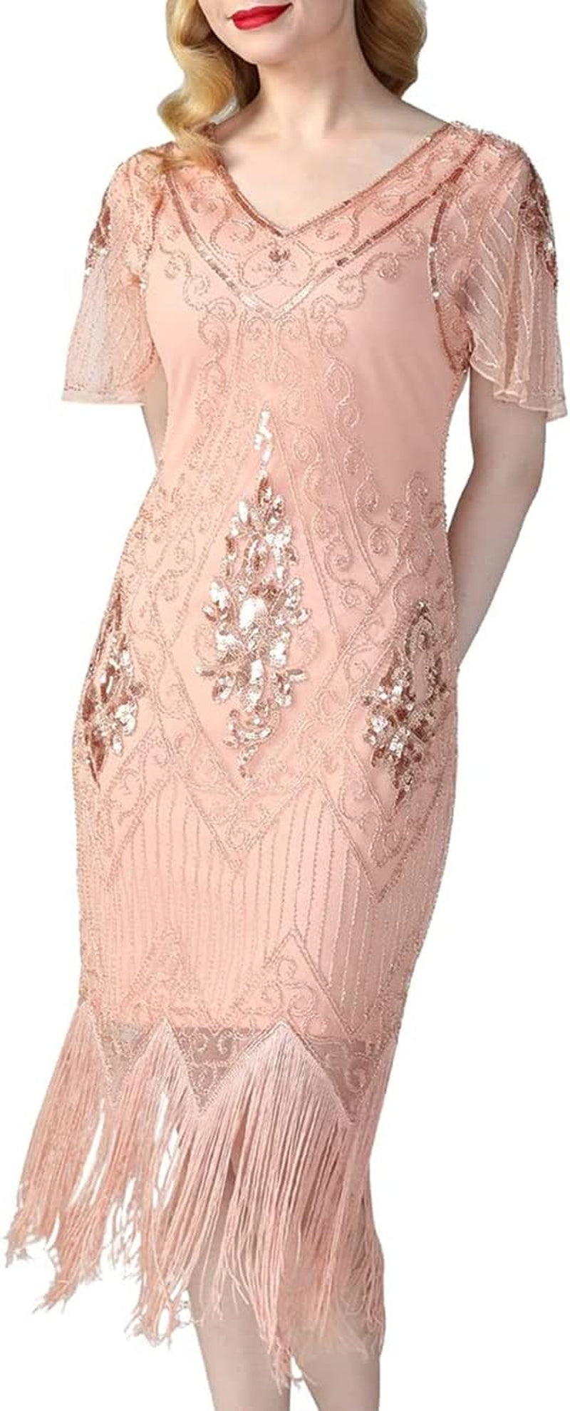 Women's 1920s Art Deco Sequined Flapper Cocktail Dress with Sleeves