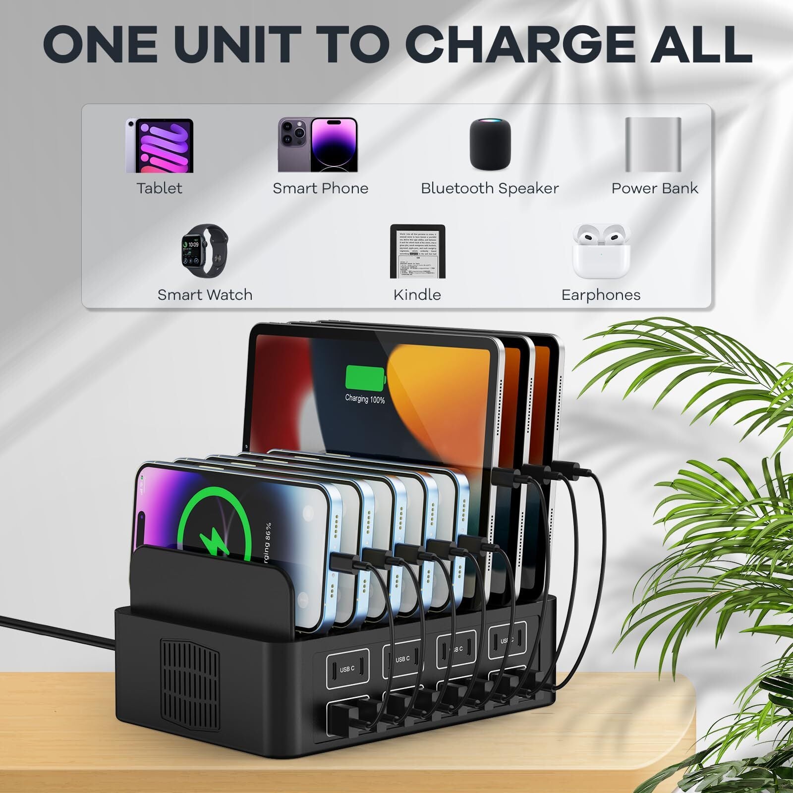 150W/35A Charging Station for Multiple Devices, 16 Port USB C Fast Charging S...