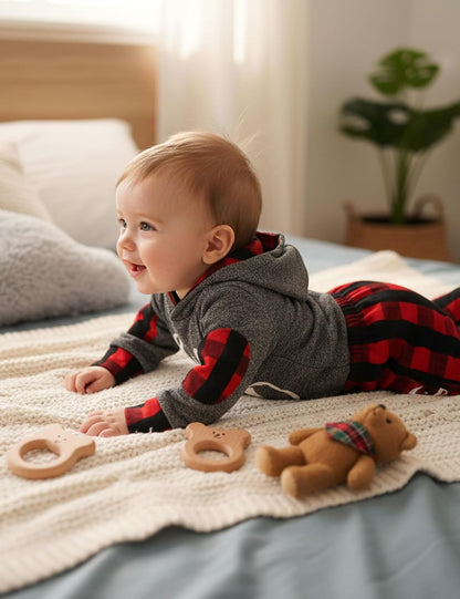 Newborn Baby Boy Plaid Letter Print Long Sleeve Hoodie and Long Pants 2-Piece Fall/Winter Outfit Set