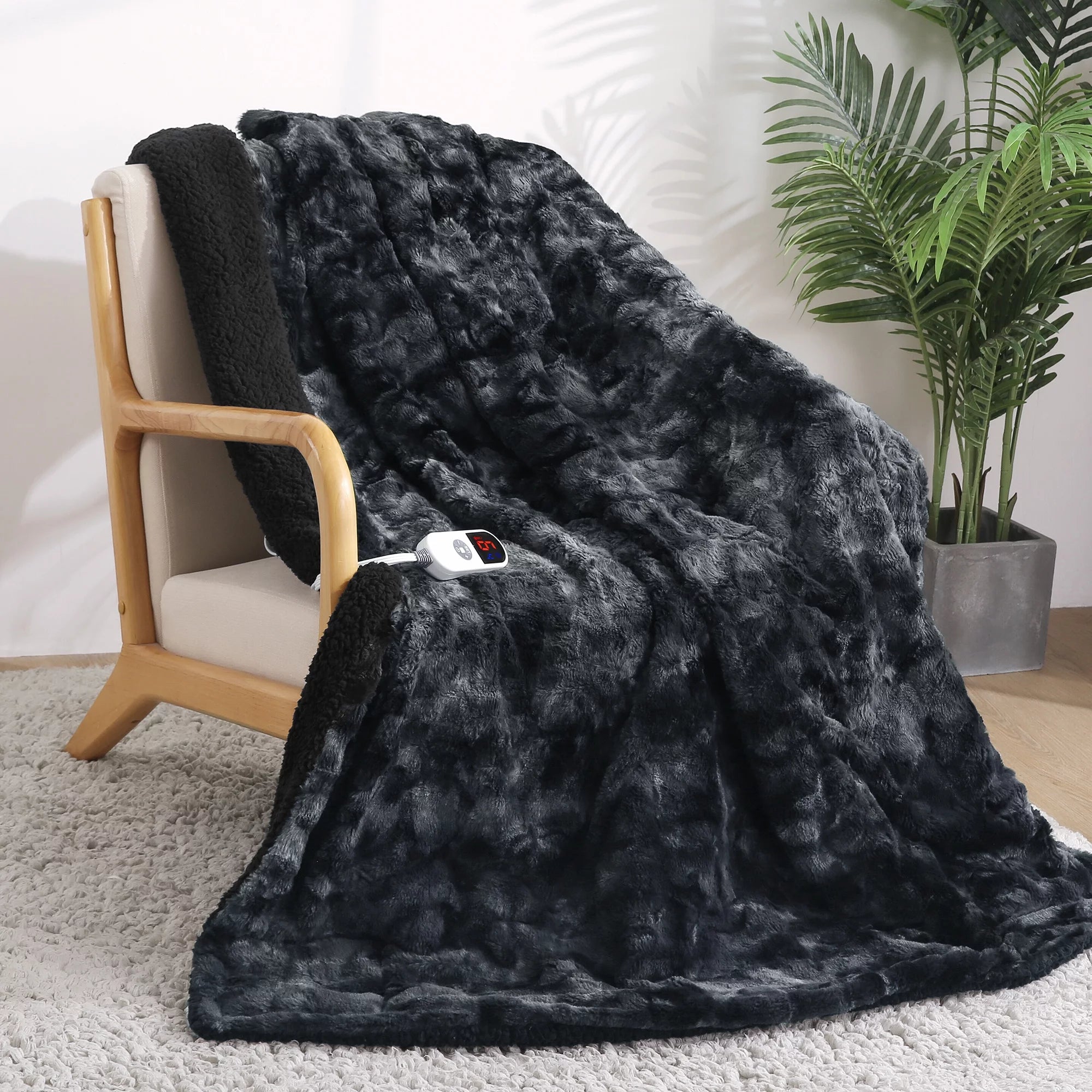 Heated Faux Fur Throw Blanket - 50" x 60", Soft Tie-Dye Black, 6 Heat Levels, Large LED Display, 4-Hour Timer