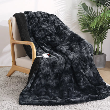 Heated Faux Fur Throw Blanket - 50" x 60", Soft Tie-Dye Black, 6 Heat Levels, Large LED Display, 4-Hour Timer