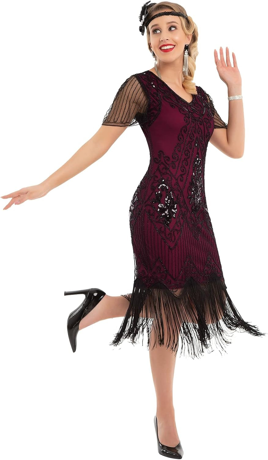Women's 1920s Sequin Art Deco Flapper Dress with Sleeves
