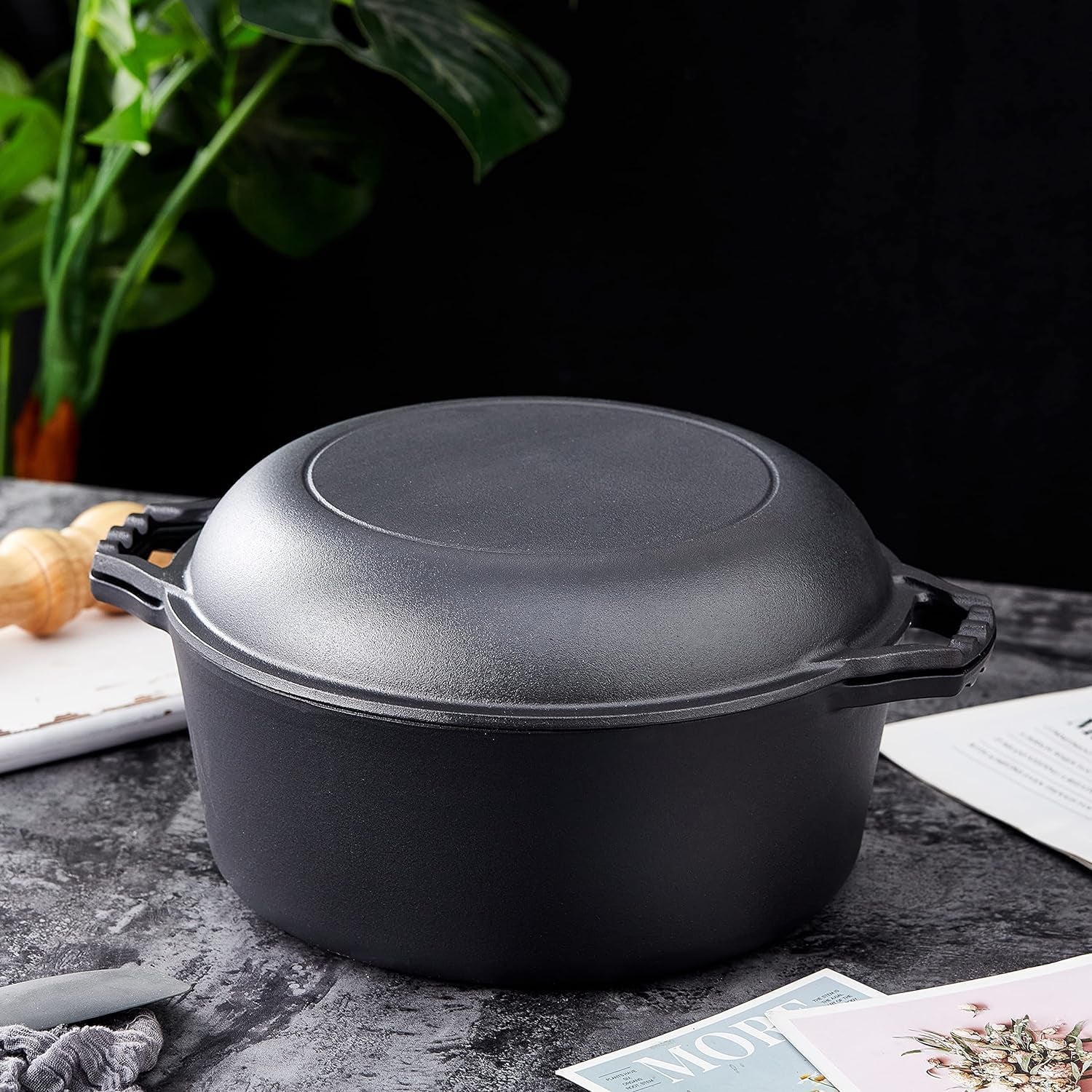 Pre-Seasoned 7-Quart Cast Iron Double Dutch Oven with Skillet Lid - Versatile Heavy-Duty Casserole and Braising Pan - Oven Safe Black Cookware - Dimensions: 14.7 x 6.9 Inches
