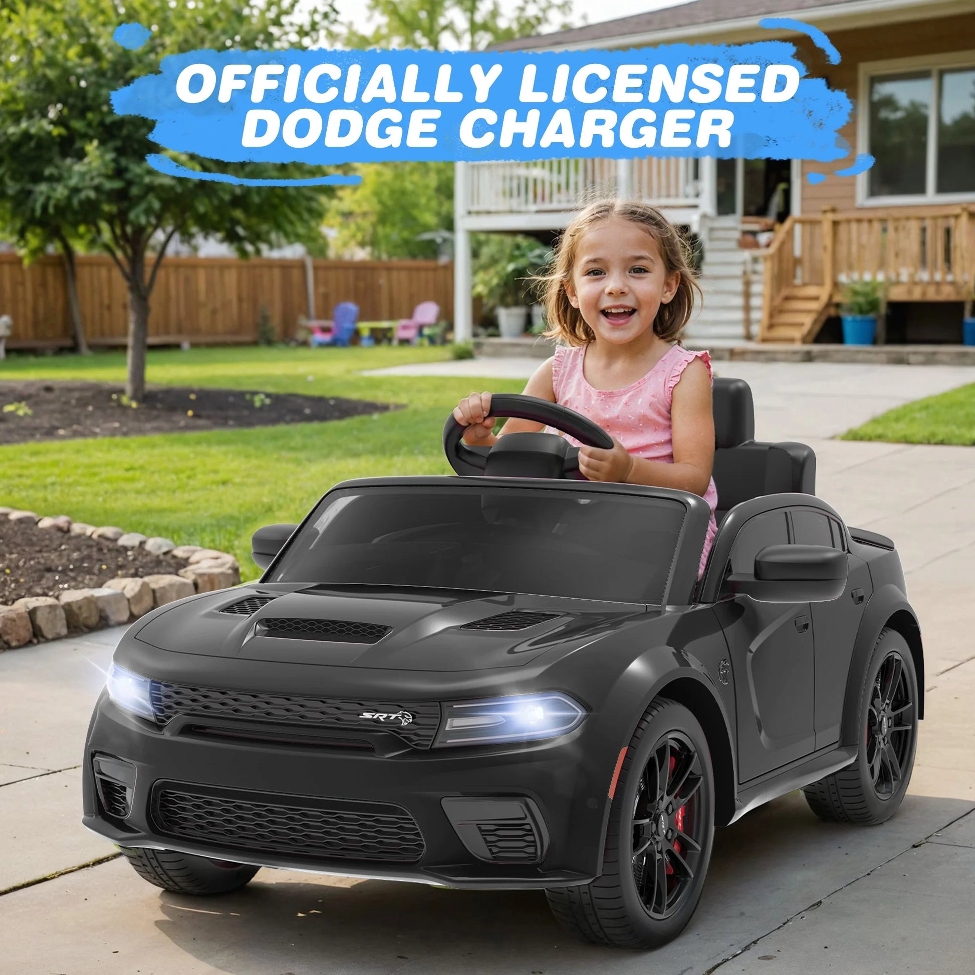Dodge Charger SRT Hellcat 12V Electric Ride-On Car for Kids - Remote Control, Music Player, LED Lights, Safety Belt - Perfect for Boys Ages 3-5 - Black