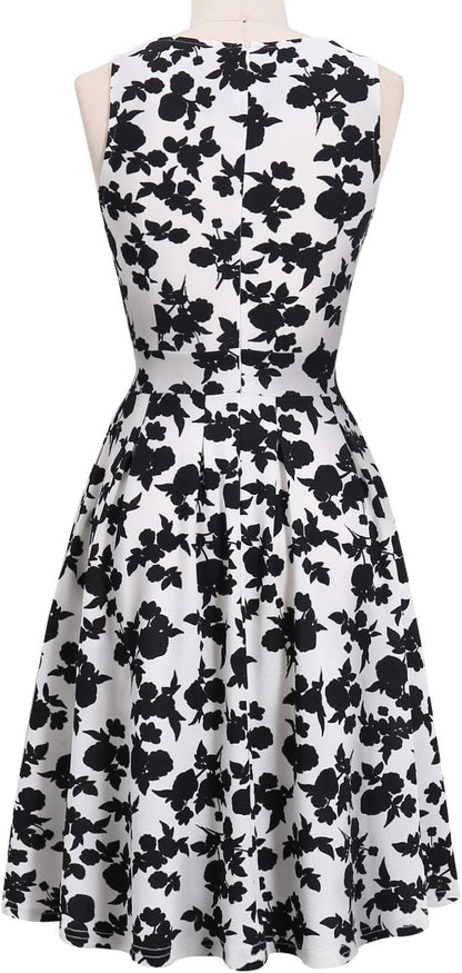 Summer Dresses for Women with Pockets Elegant Retro 50S Pleated V Keyhole Sleeveless Holiday Party Dance Wedding Guest Dress (S, Sp81-White Black Flo)