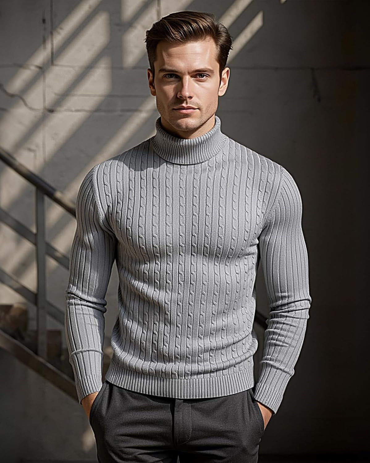 Men's Slim Fit Cable Knit Turtleneck Thermal Sweater