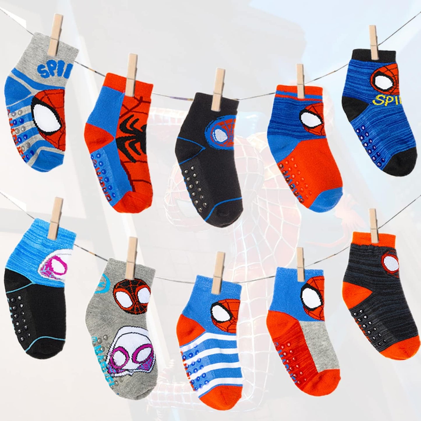 Spiderman Grip Socks, 10 Pack, Toddler Boys, Ankle Length, Multicolor, Small