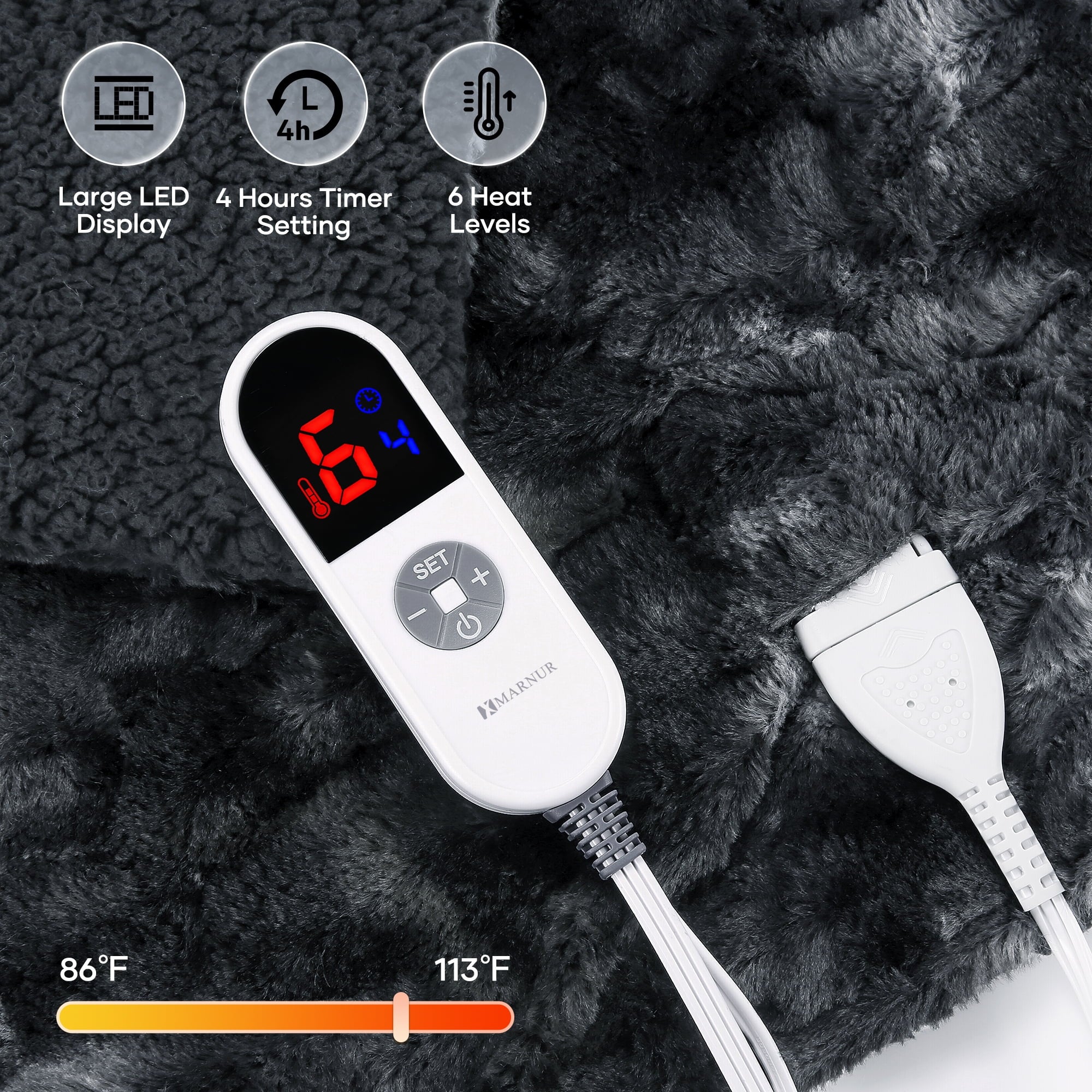 Heated Faux Fur Throw Blanket - 50" x 60", Soft Tie-Dye Black, 6 Heat Levels, Large LED Display, 4-Hour Timer