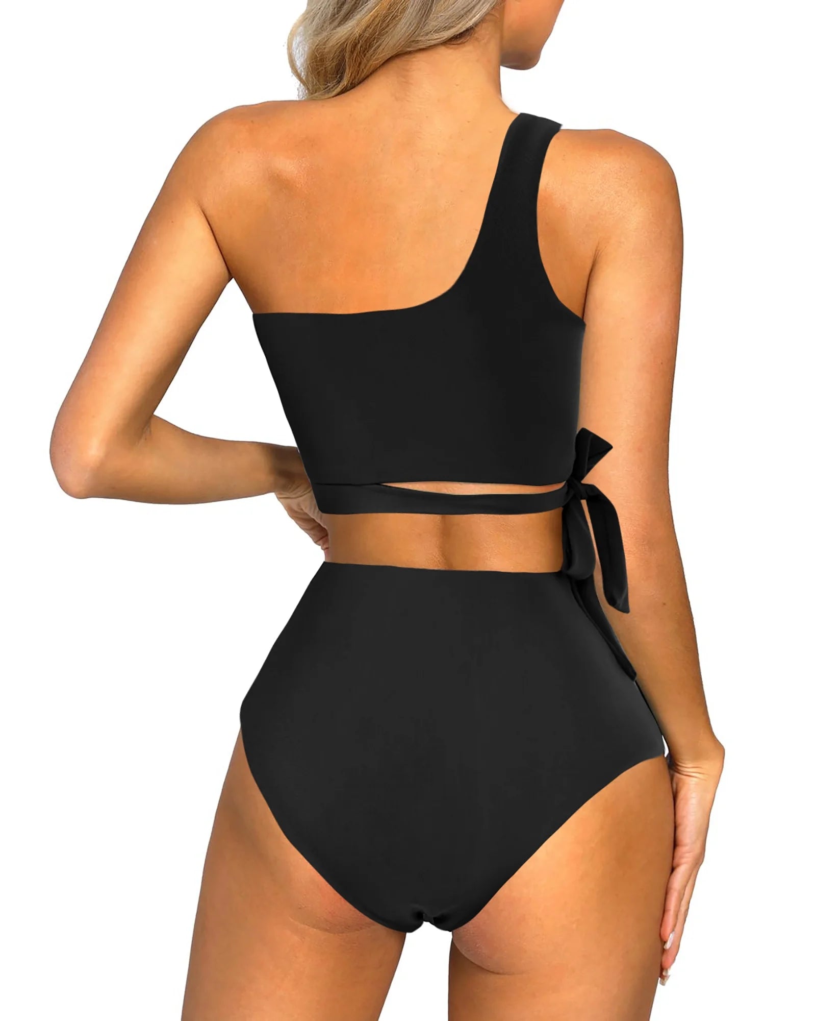 Stylish  One Shoulder High Waisted Bikini Set - Trendy Tie High Cut Swimsuit for Women