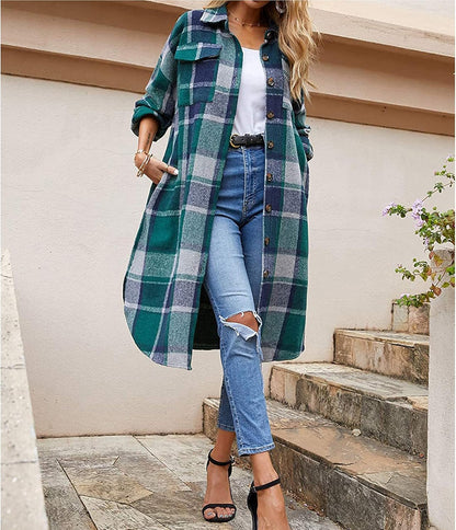 Women's Casual Wool Blend Plaid Button-Down Shirt Jacket with Pockets