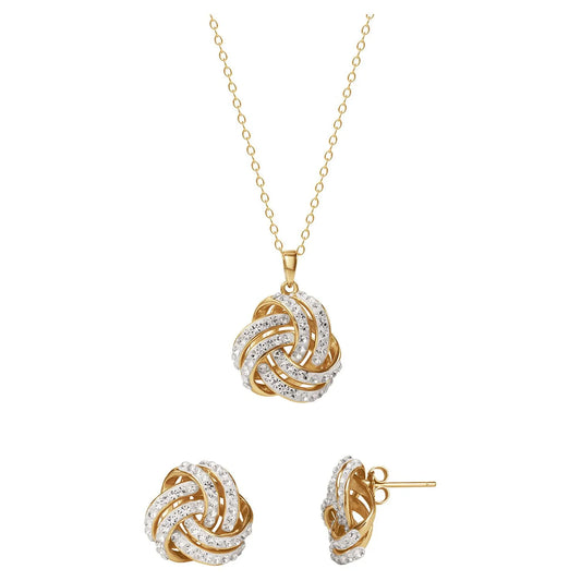 Exquisite 18K Gold Love Knot Pendant & Earring Set with Sparkling Crystals