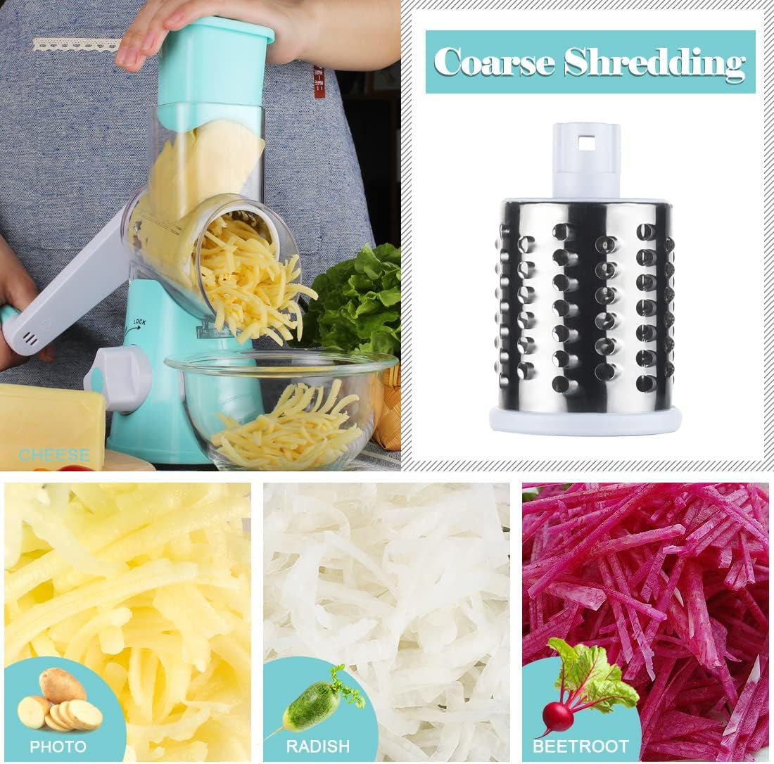 Manual Rotary Cheese Grater and Vegetable Slicer with Handle and Interchangeable Drum Blades, Blue