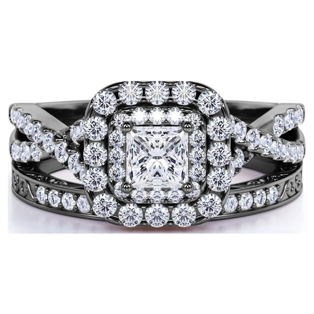 Stunning  Vintage-Inspired Double Halo Square Diamond Wedding Ring Set in 10K Black Gold with Twisted Band and Pave Accents